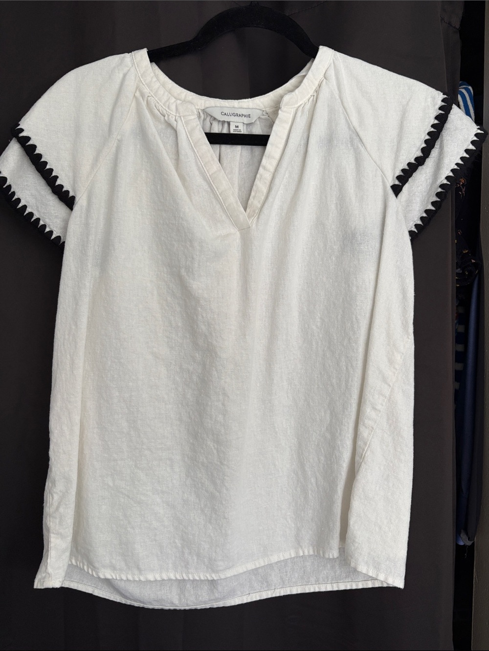 White Split-Neck Short Sleeve Top with Black Trim